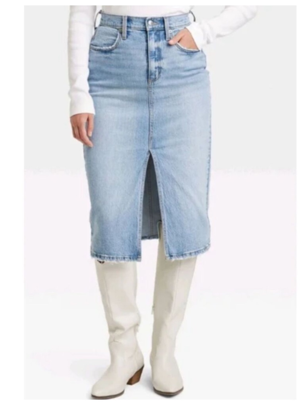 Universal Thread Light Wash Denim Midi Skirt with Front Slit NWT 12